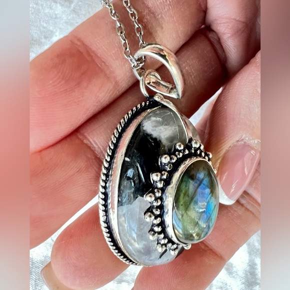 925 OMG Gorgeous! Flash Labradorite + Moonstone w/ Tourmaline Necklace Pendant - Picture 4 of 8